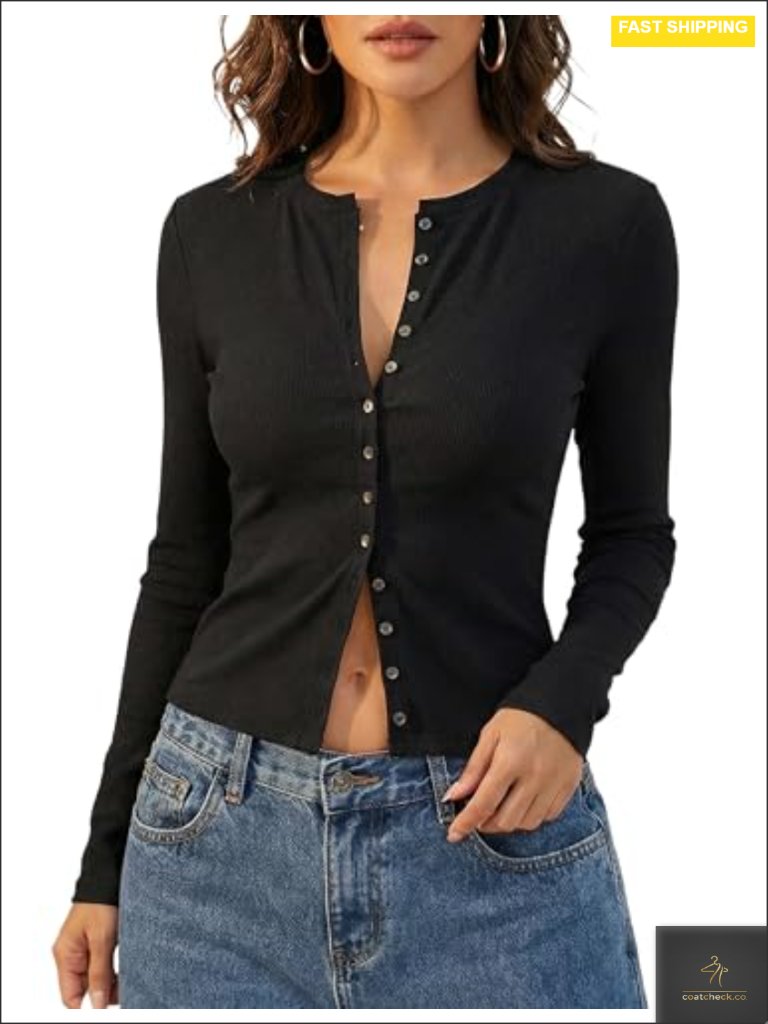 Ribbed Cotton Blend Long Sleeve Crop Cardigan Button Down Y2k Slim Fit Going
